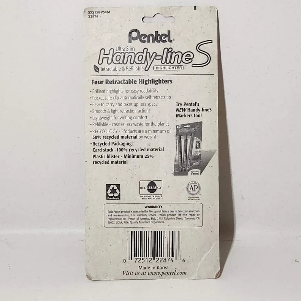 NEW Pentel Recycled Handy-Lines Slim Retractable Highlighters Pens 4 Pac…